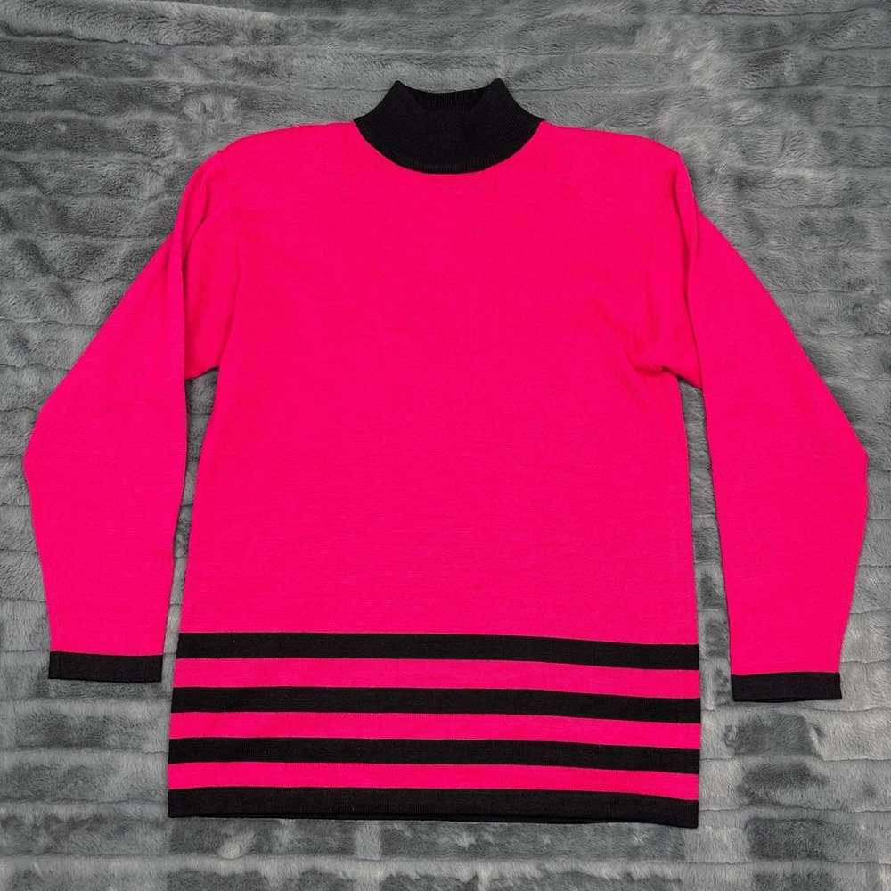 Lisa International Vintage Hot Pink Black Striped Mock Neck Wool Blend Sweater M